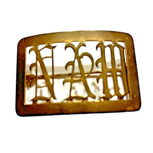 Antique Victorian Brooch Scarf Pin Monogram Insignia Goldtone Brass? Rectangle